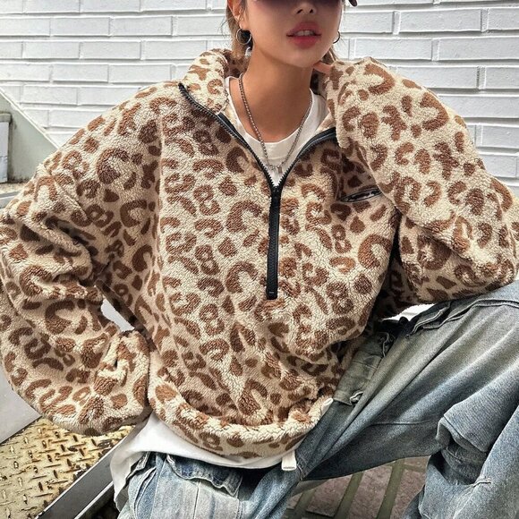 Apricot Casual Women's Leopard Print Basic Long Sleeve Sweatshirt - Picture 7 of 9